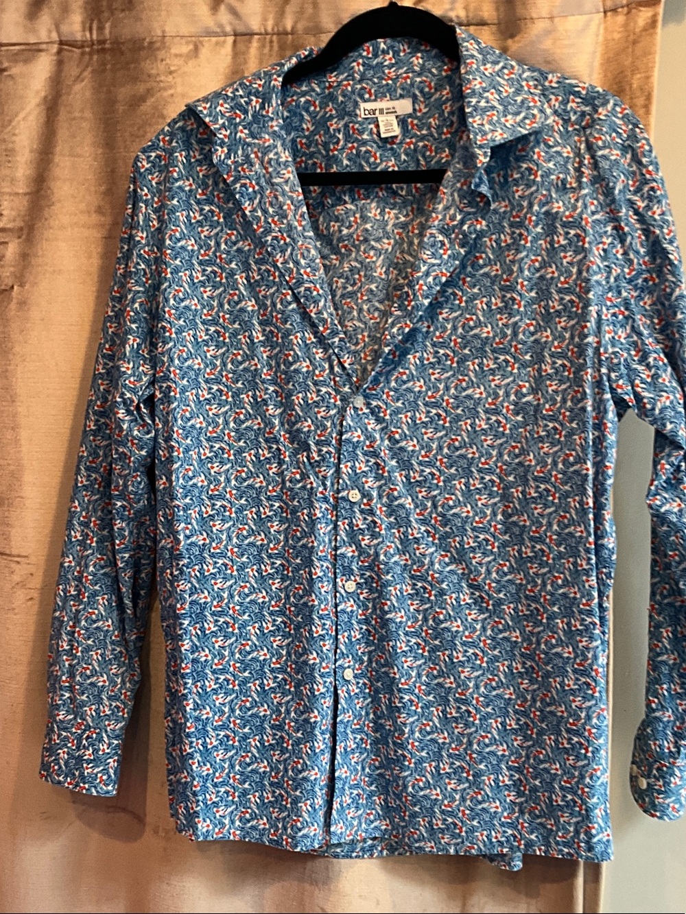 Bar III Blue & White Floral-Pattern Men's Button-Down Shirt with Red Accents